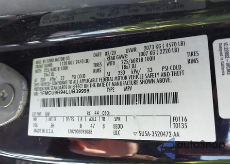 2020 Ford Escape Sel из США, поврежденный, VIN 1FMCU9H94LUB39999